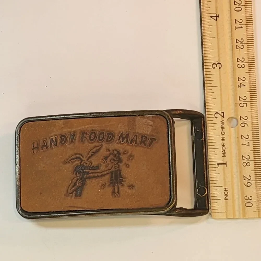 Vintage Handy Food Mart Belt Buckle Leather Brass? Looney Tunes Coyote Retro